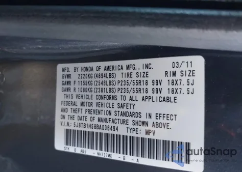 2011 Acura Rdx from USA, damaged, VIN 5J8TB1H58BA006494